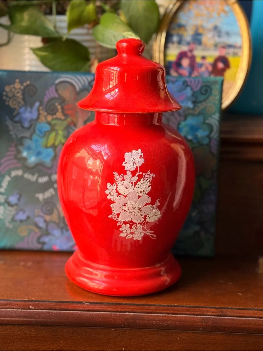 Vintage Red Floral Ceramic Ginger Jar - Decorative Home Accent